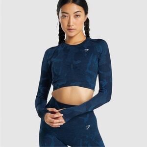 Gymshark Adapt Camo Seamless Long Sleeve Crop Top and leggings set Navy Large
